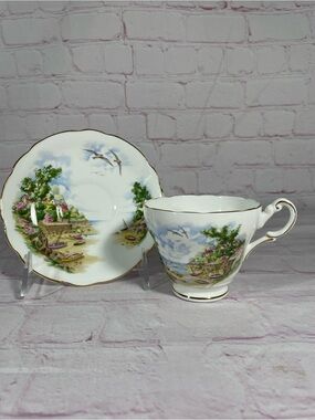 Vintage Regency English Coastal Village Bone China Footed Teacup and Saucer Set
